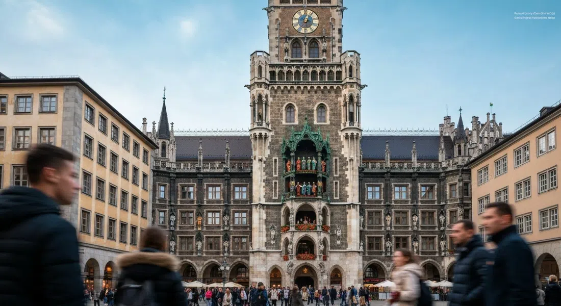 la fachada del Neues Rathaus sobre Marienplatz durante el Glockenspiel de las 11 a. m., con la plaza abarrotada abajo y las figuras de cobre visibles en la abertura de la torre