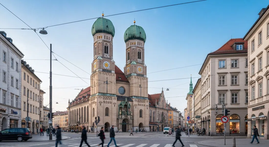 las cúpulas gemelas de la Frauenkirche vistas desde un ángulo a nivel de calle en el casco antiguo, con ladrillo pálido y peatones cruzando el primer plano