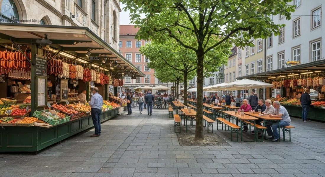 el Viktualienmarkt a la luz del día con puestos de productos, salchichas colgantes y las mesas del jardín de cerveza central bajo castaños