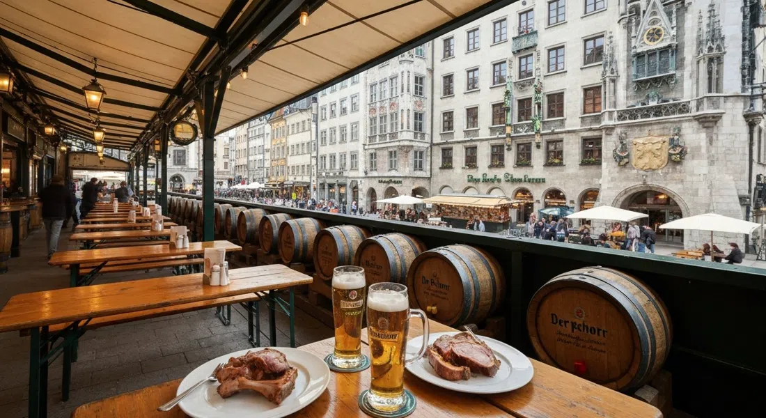 terraza de Der Pschorr con vistas a los puestos del Viktualienmarkt, con barriles de madera, jarras de cerveza y platos de cerdo asado en las mesas