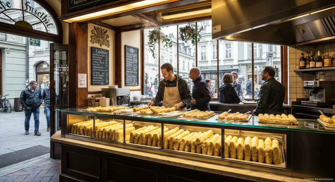 el mostrador interior de Café Frischhut con Schmalznudeln frescos siendo fritos, azúcar glas en el aire y clientes esperando en la ventana