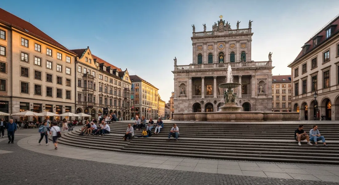 Gärtnerplatz en Múnich durante la hora dorada, con la fachada escalonada del Gärtnerplatztheater, la fuente y personas sentadas en los amplios escalones de la plaza