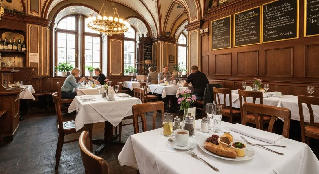 Interior de Wirtshaus Fraunhofer en Múnich, comedor neobarroco protegido con mesas dispuestas y un desayuno tradicional de Weißwurst sobre la mesa