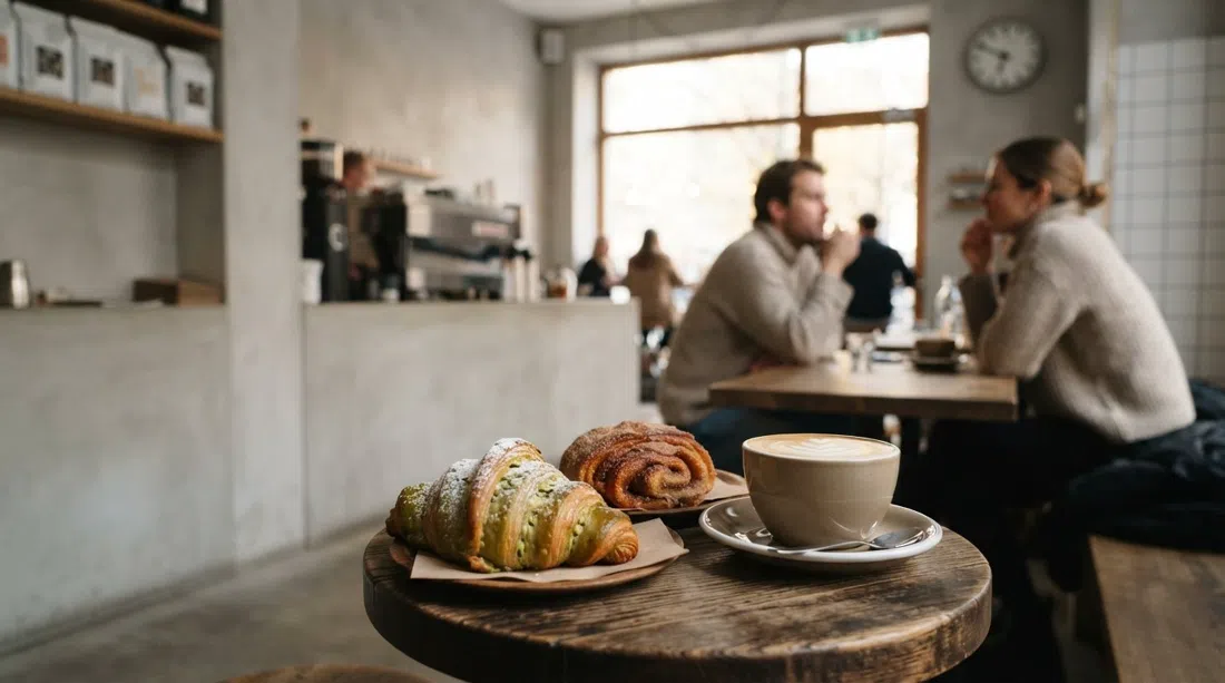Un croissant de pistacho y un Franzbrötchen en Man versus Machine en Múnich, con un flat white y el interior minimalista de la cafetería bajo una luz suave matutina