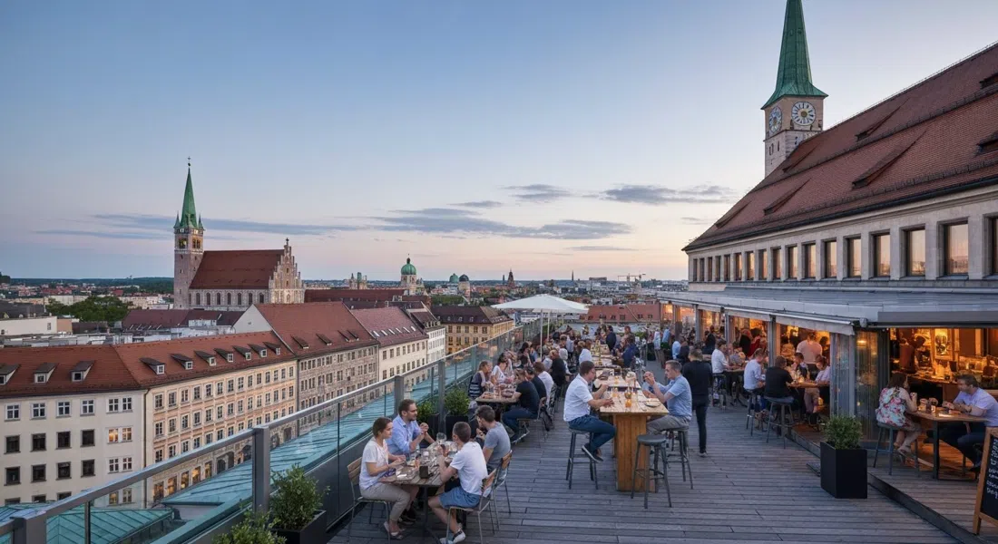 La terraza en la azotea del Deutsche Eiche en Reichenbachstraße, Múnich, con gente de pre-fiesta, mesas en la azotea y vistas al casco antiguo al atardecer