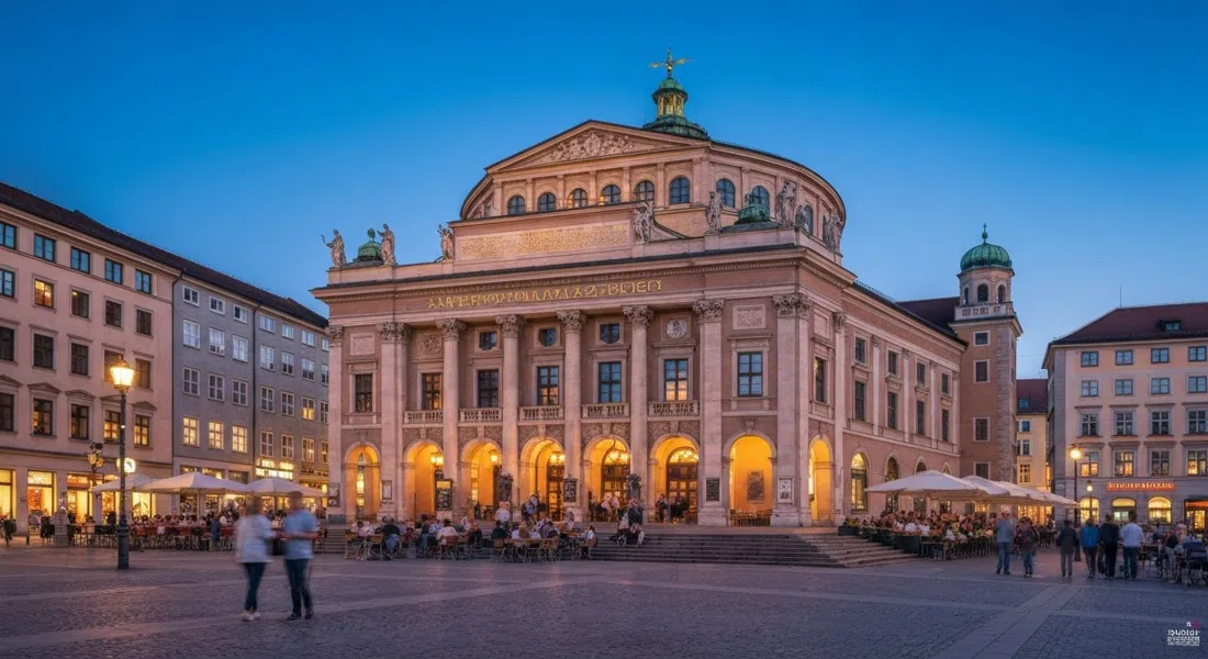 Gärtnerplatztheater en la Gärtnerplatz de Múnich al atardecer, fachada iluminada, mesas de café alrededor de la plaza y personas reunidas en los escalones