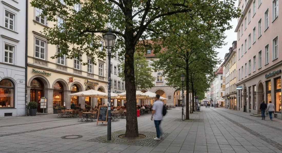 Pariser Platz en Haidhausen al atardecer, edificios bajos con fachadas de bistró, árboles maduros y algunas mesas en la acera bajo luz suave