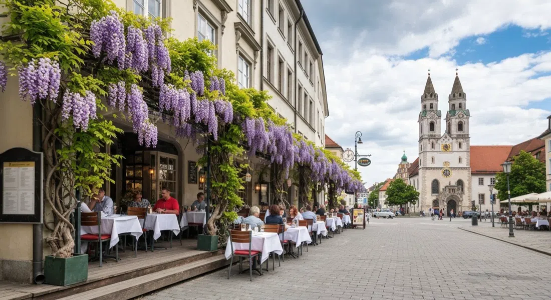 Terraza de Le Faubourg cubierta de glicinias en Kirchenstraße a principios de verano, manteles blancos y la iglesia de Johannisplatz cerca