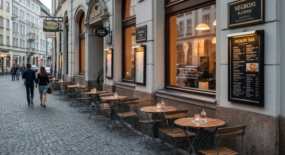 Negroni Bar en Sedanstraße al atardecer de verano, pequeñas mesas en la acera, copas de cóctel y reflejos cálidos en las ventanas