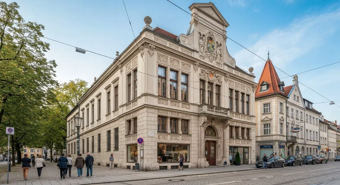 Museo Villa Stuck en Prinzregentenstraße, fachada ornamentada del Jugendstil con luz diurna clara, con salas históricas restauradas sugeridas por el elegante exterior