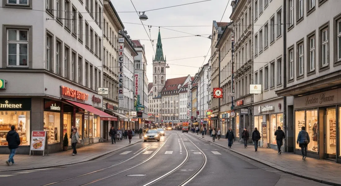 Goethestrasse en Ludwigsvorstadt con supermercados turcos, carnicerías halal y tiendas de novias, vida callejera al atardecer y cables de tranvía sobre la cabeza