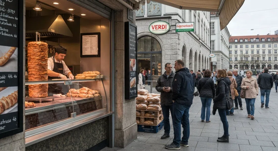 la cola fuera de Verdi Süpermarkt en Landwehrstrasse 46, con un döner de ternera siendo cortado en el mostrador de la carnicería y hogazas de pan apiladas cerca