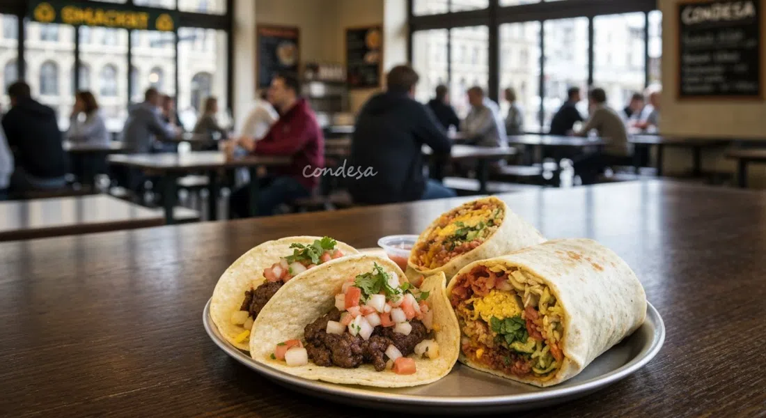 tacos de maíz suave y un burrito en Condesa en Bahnhofplatz 5, servicio informal de mostrador junto a la estación con luz brillante del día desde las ventanas