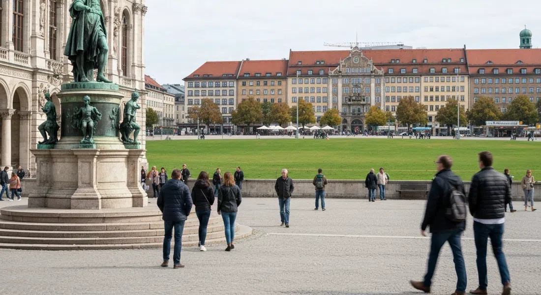 la estatua de Bavaria y la Ruhmeshalle sobre la Theresienwiese vacía en un día despejado, figura de bronce de perfil con la pradera extendiéndose detrás
