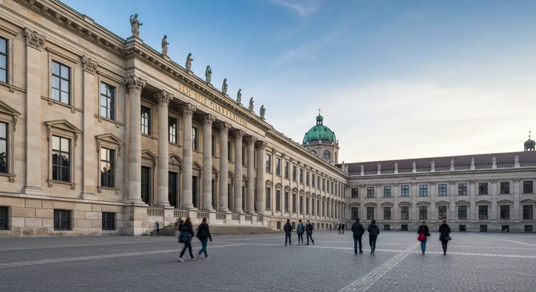 la larga fachada neoclásica de la Alte Pinakothek en la suave luz matutina, con visitantes del museo cruzando el patio delantero