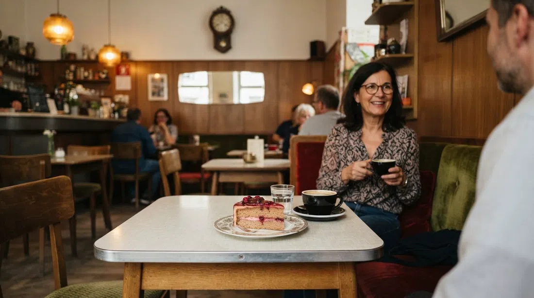Interior de los 50 del Café Jasmin con asientos vintage, lámparas cálidas y una porción de tarta casera en un plato pequeño