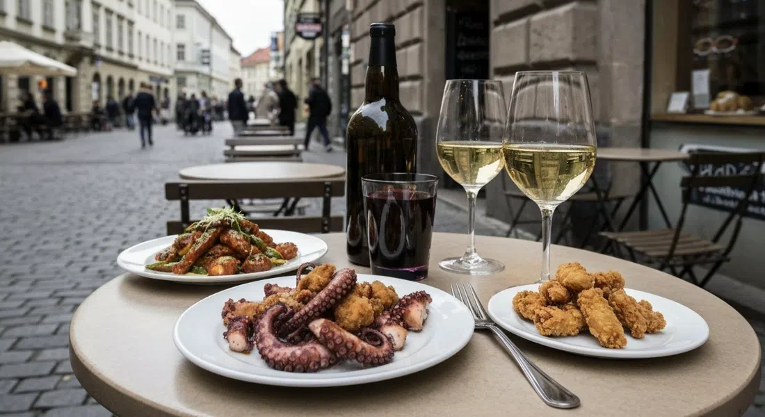 una mesa pequeña en Tío en Theresienstraße 134 con pimientos de padrón, pulpo frito y una copa de vino