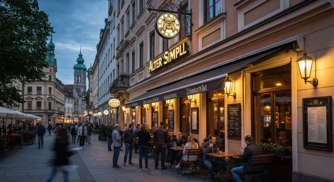 el letrero del bulldog de Alter Simpl sobre la entrada de Türkenstraße al atardecer, con luz cálida saliendo de las ventanas del pub