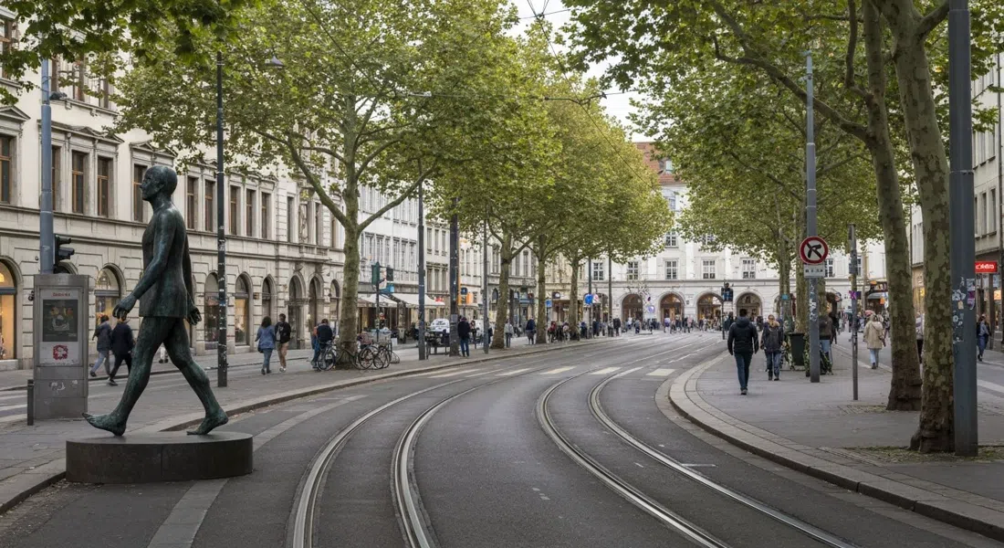 Jonathan Borofskys Walking Man-Skulptur entlang der Leopoldstraße in Schwabing, von Straßenniveau aus gesehen mit Straßenbahngleisen und Platanen im Licht des späten Nachmittags