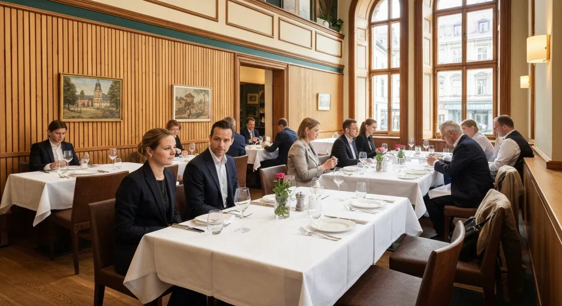 Der Speisesaal im Tantris in Schwabing, Innenarchitektur der 1970er und ein formeller Michelin-Sterne-Tisch, gedeckt für das Mittagessen