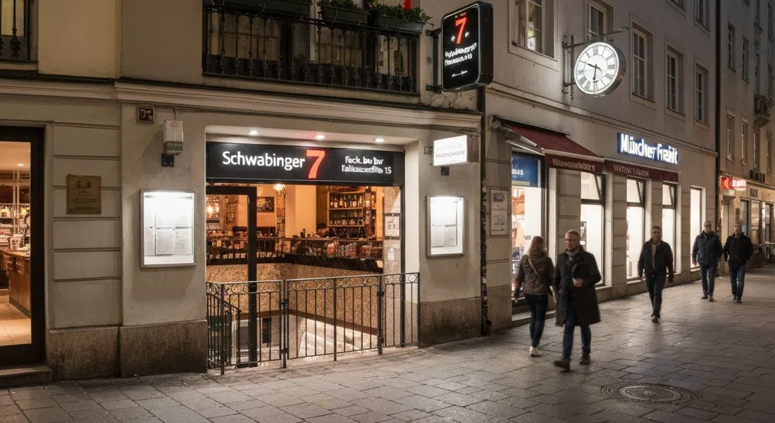 Schwabinger 7 in der Feilitzschstraße 15 bei Nacht, niedriger, unterirdischer Eingang mit Rock-Atmosphäre und Fußgängern vor der Münchner Freiheit