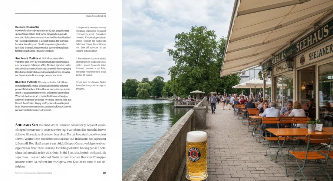 Das Seehaus-Biergarten am Kleinhesseloher See im Englischen Garten, Tische am Wasser, Paulaner-Bier und Spaziergänger am Seeuferweg an einem hellen Nachmittag