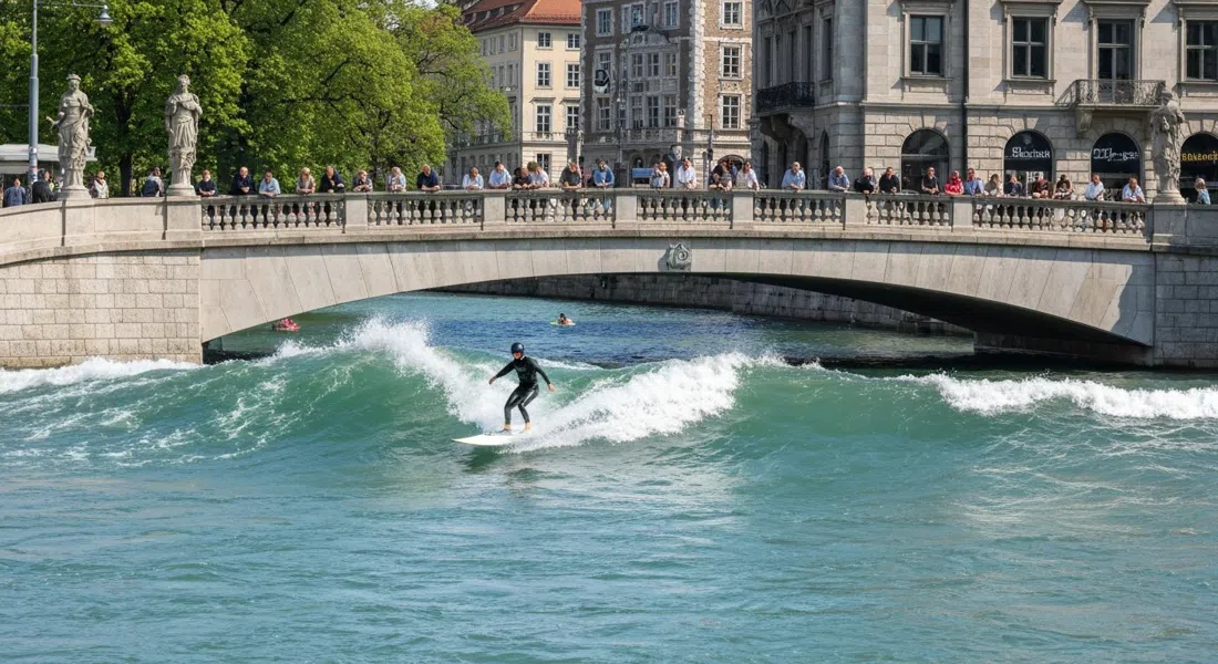 Ein Surfer reitet die Eisbachwelle in der Nähe des Hauses der Kunst in Schwabing, Zuschauer auf der Brücke beobachten die stehende Welle bei klarem Tageslicht